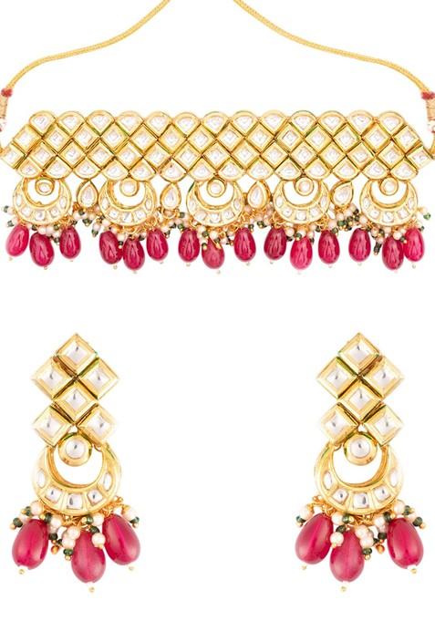 Gold Plated Kundan Stone Studded And Beaded Jewellery Set