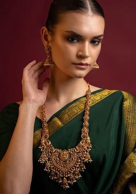 Gold Plated Stone Studded And Beaded Laxmi Designed Temple Jewellery Set