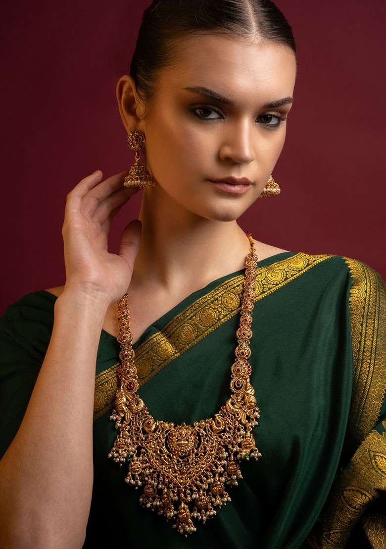 Gold Plated Stone Studded And Beaded Laxmi Designed Temple Jewellery Set - Indya