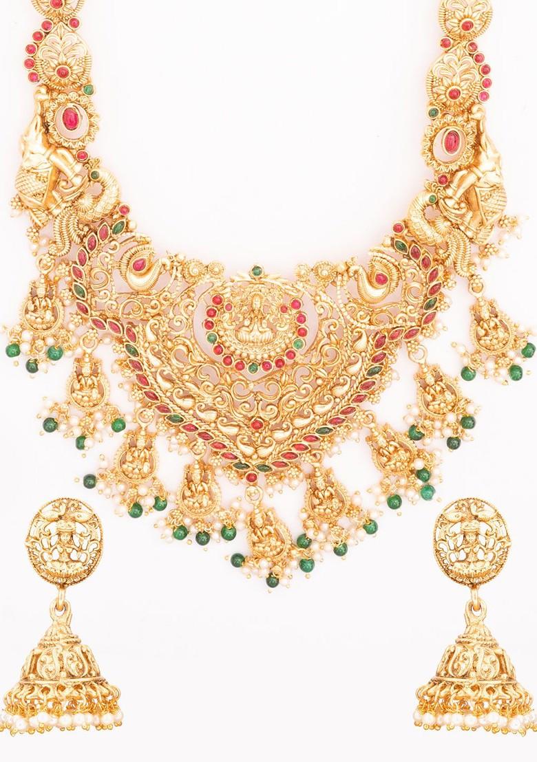 Gold Plated Stone Studded And Beaded Laxmi Designed Temple Jewellery Set