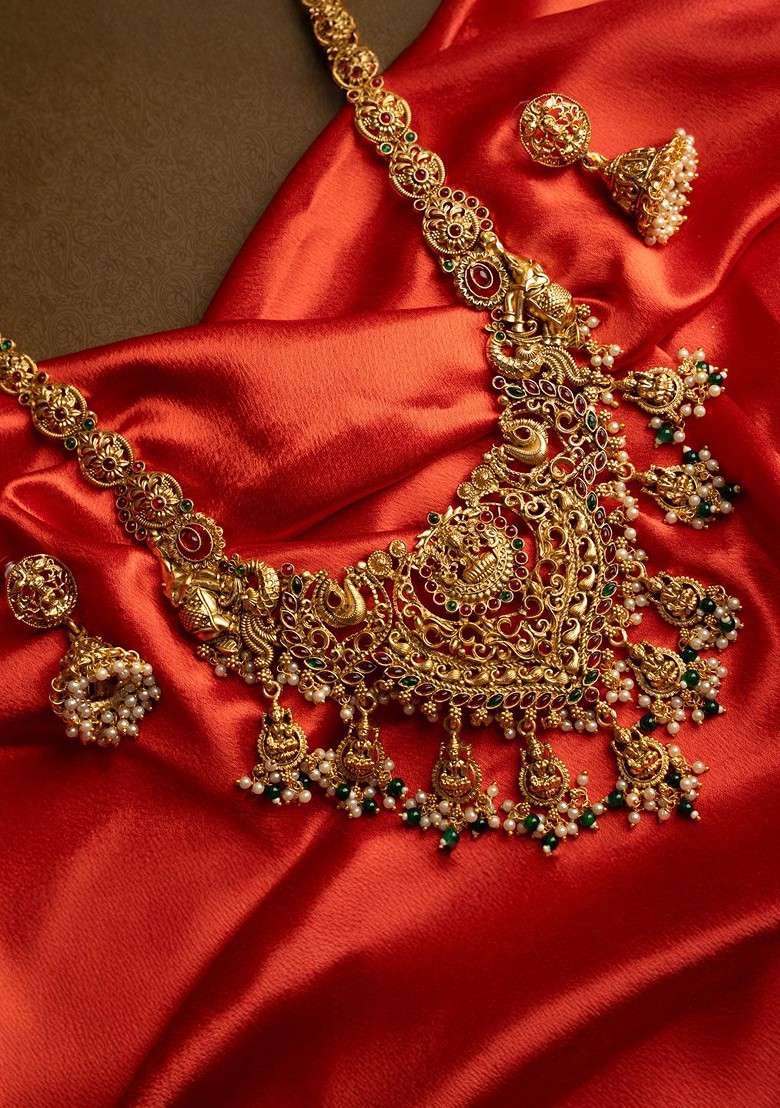 Gold Plated Stone Studded And Beaded Laxmi Designed Temple Jewellery Set - Indya