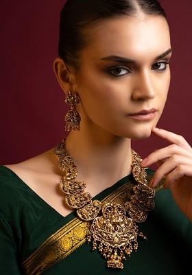 Gold Plated Stone Studded And Beaded Temple Jewellery Set