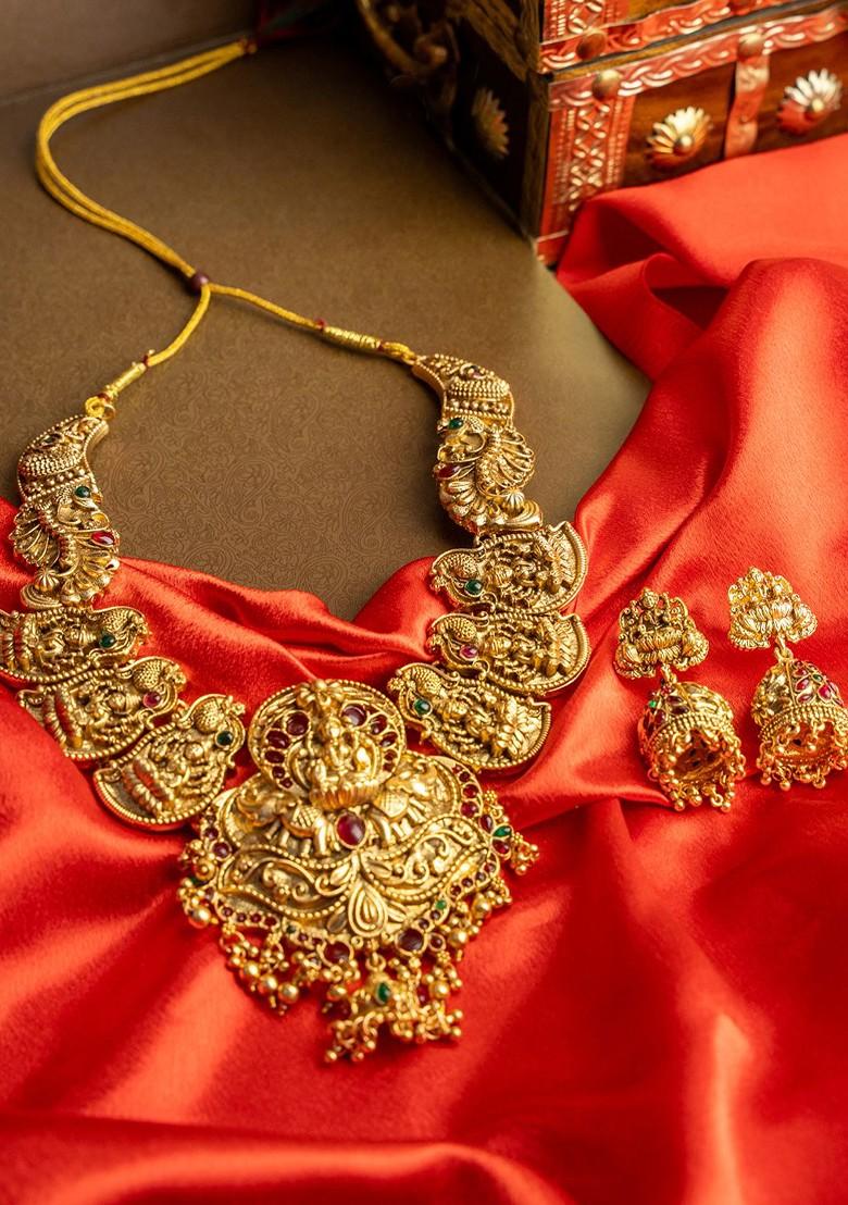 Gold Plated Stone Studded And Beaded Temple Jewellery Set