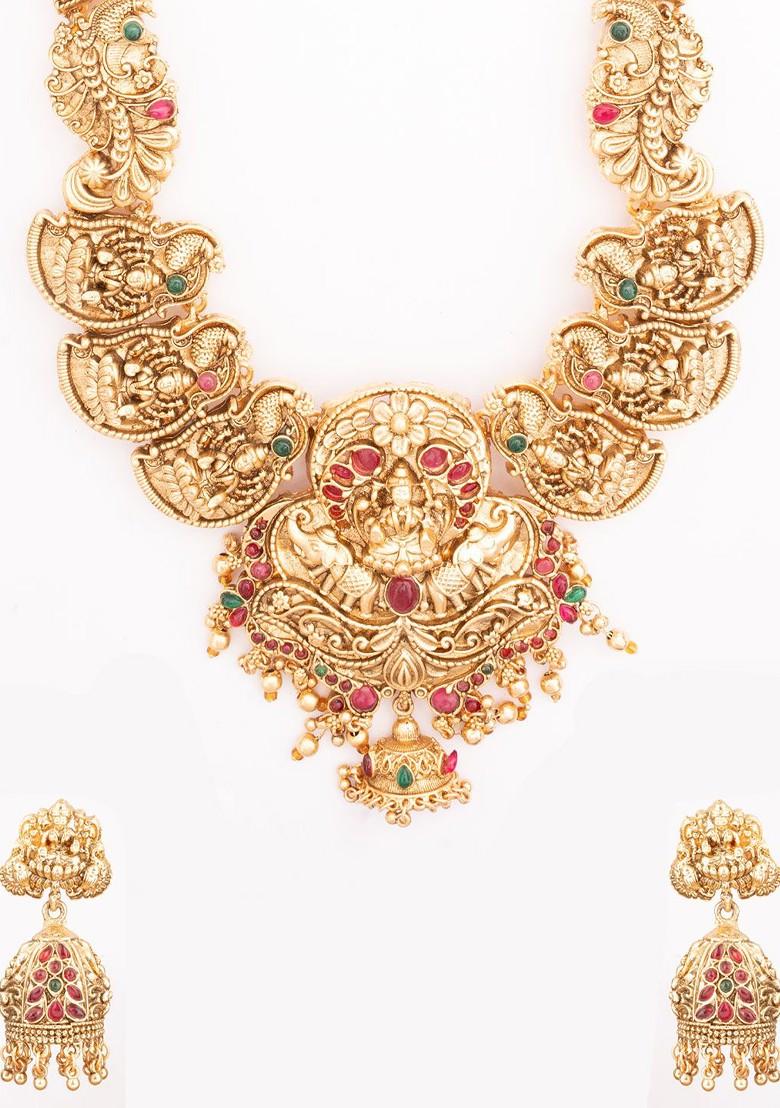 Gold Plated Stone Studded And Beaded Temple Jewellery Set