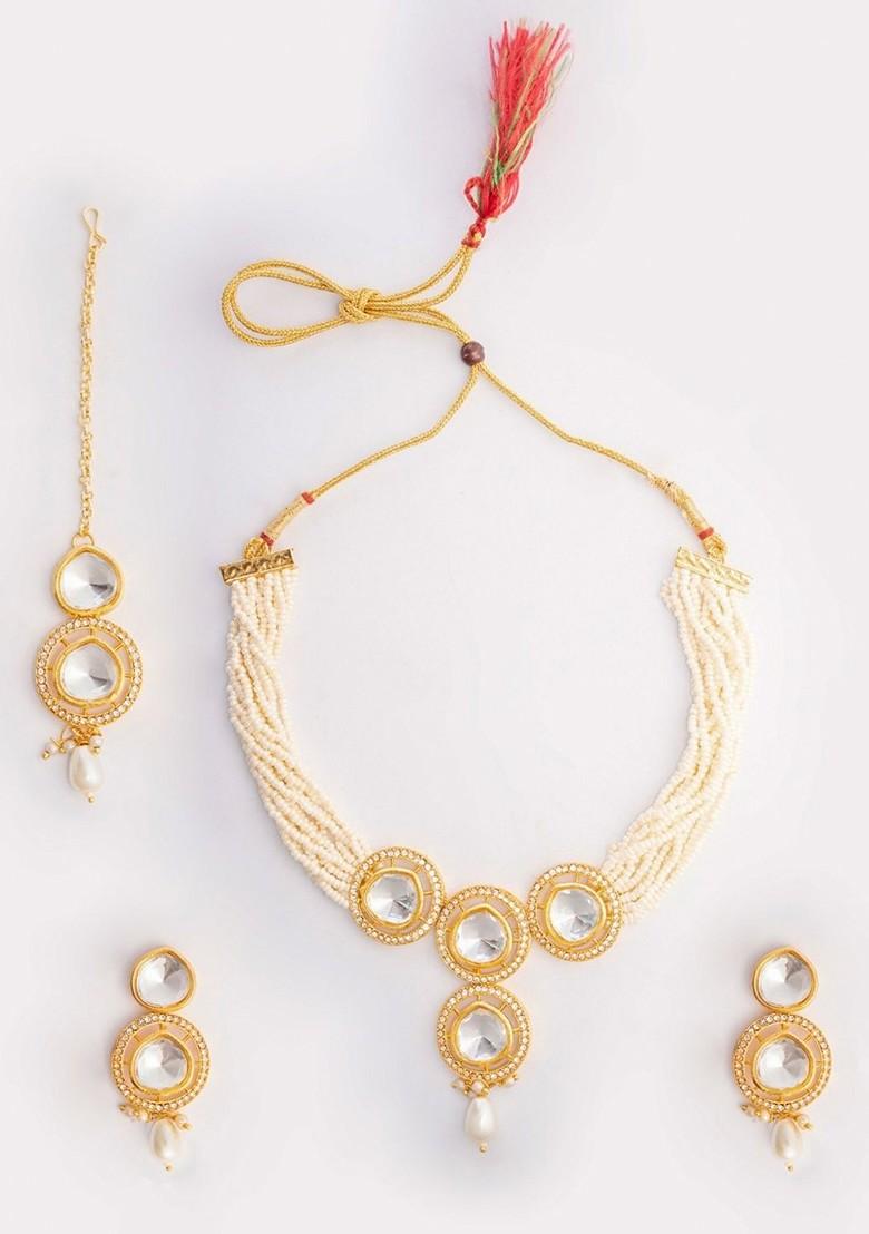 Gold Plated Kundan Stone Studded And Beaded Jewellery Set