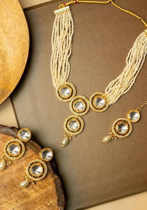 Gold Plated Kundan Stone Studded And Beaded Jewellery Set