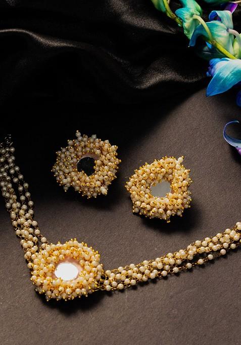 Gold Plated Stone Studded And Beaded Jewellery Set