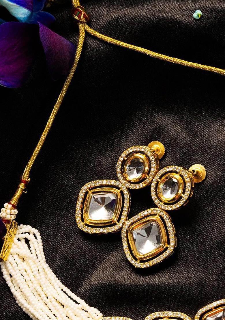 Gold Plated Stone Studded And Beaded Jewellery Set