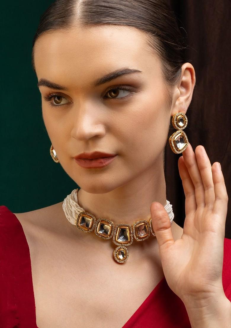 Gold Plated Stone Studded And Beaded Jewellery Set