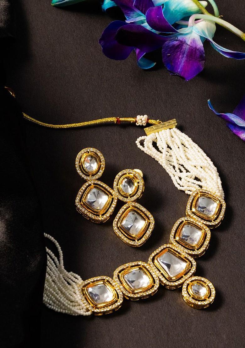 Gold Plated Stone Studded And Beaded Jewellery Set