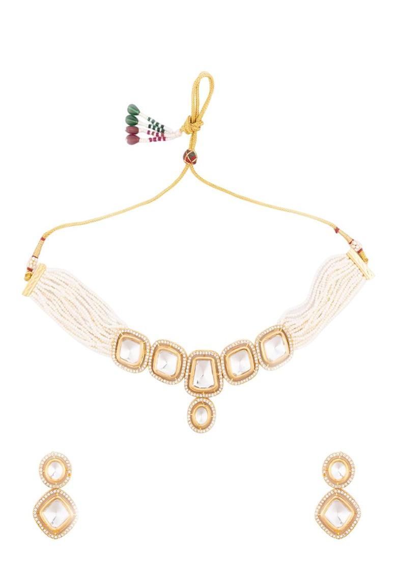 Gold Plated Stone Studded And Beaded Jewellery Set