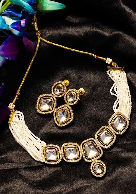Gold Plated Stone Studded And Beaded Jewellery Set