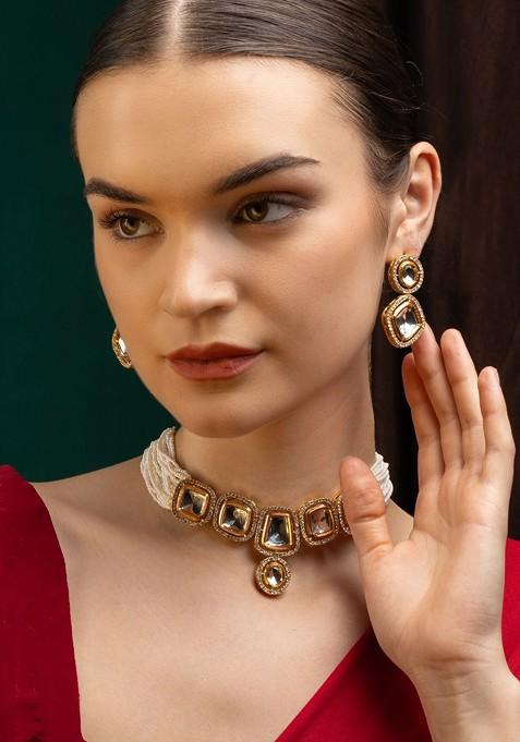 Gold Plated Stone Studded And Beaded Jewellery Set