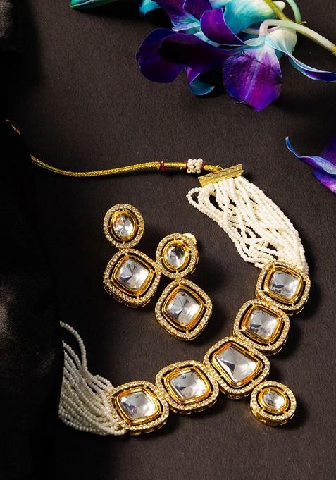 Gold Plated Stone Studded And Beaded Jewellery Set