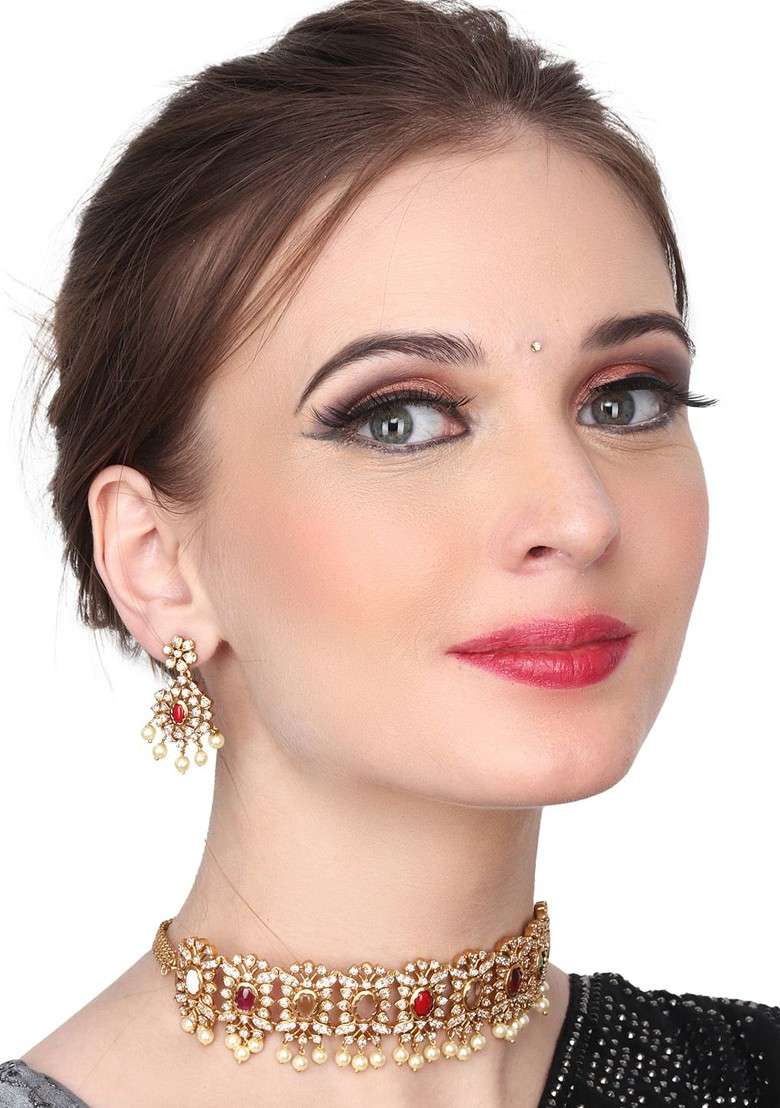 Gold Plated Ad Studded And Beaded Jewellery Set - Indya