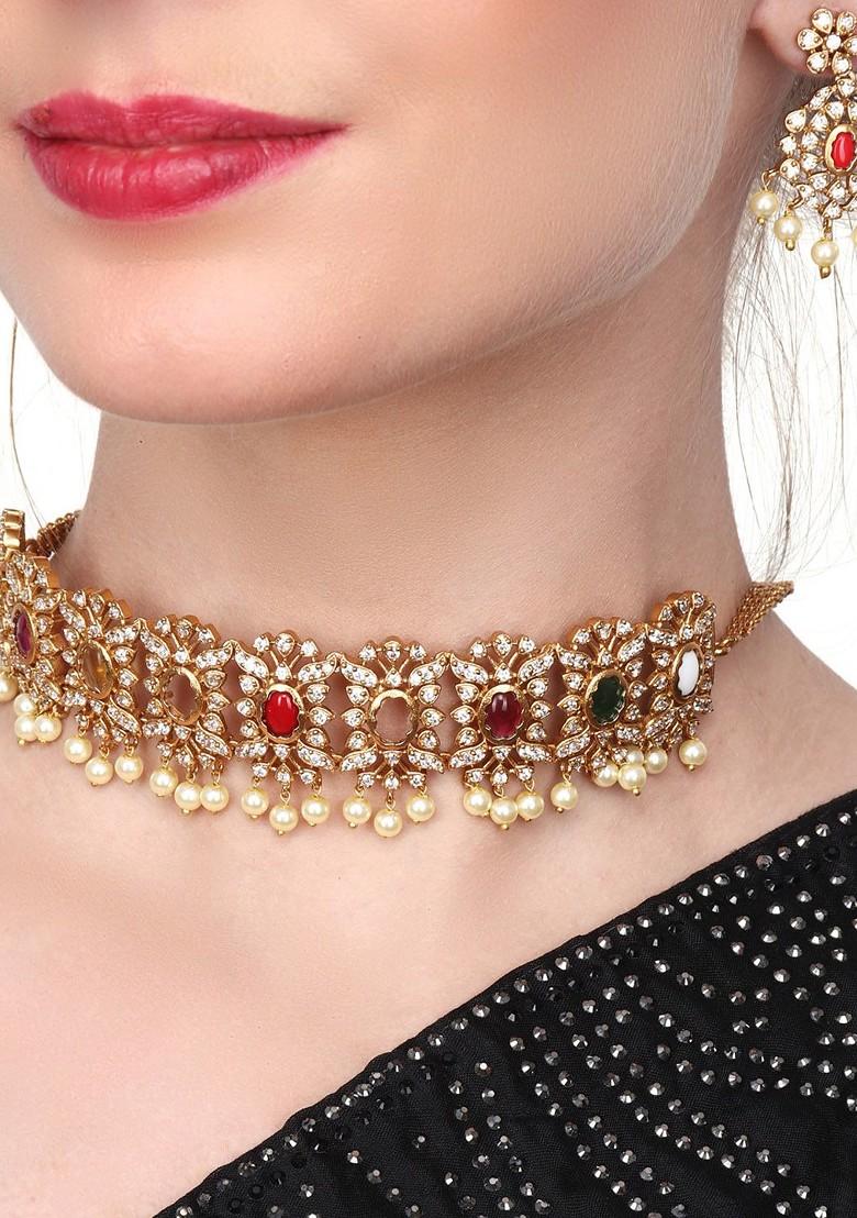 Gold Plated Ad Studded And Beaded Jewellery Set