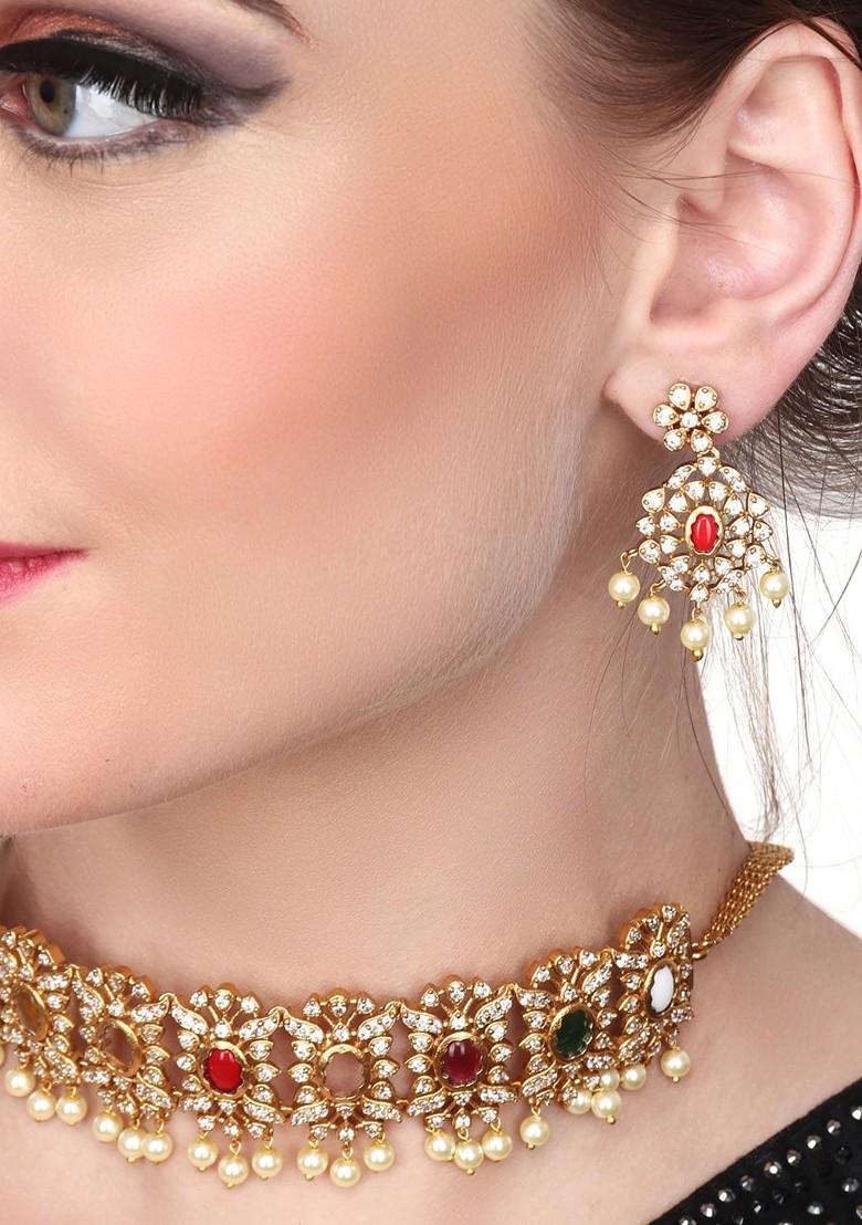 Gold Plated Ad Studded And Beaded Jewellery Set