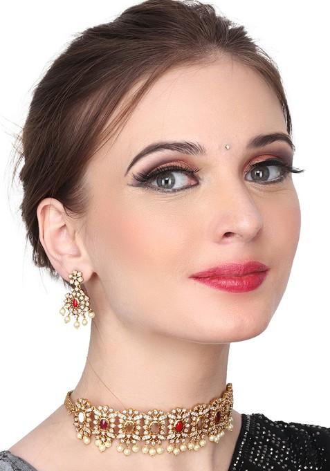 Gold Plated Ad Studded And Beaded Jewellery Set