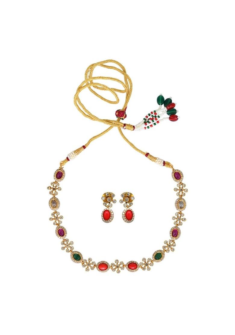 Gold Plated American Diamond Studded And Beaded Jewellery Set