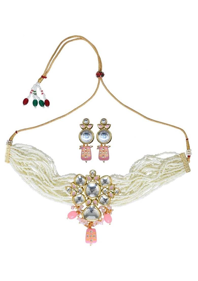 Gold Plated Stones Studded And Beaded Jewellery Set