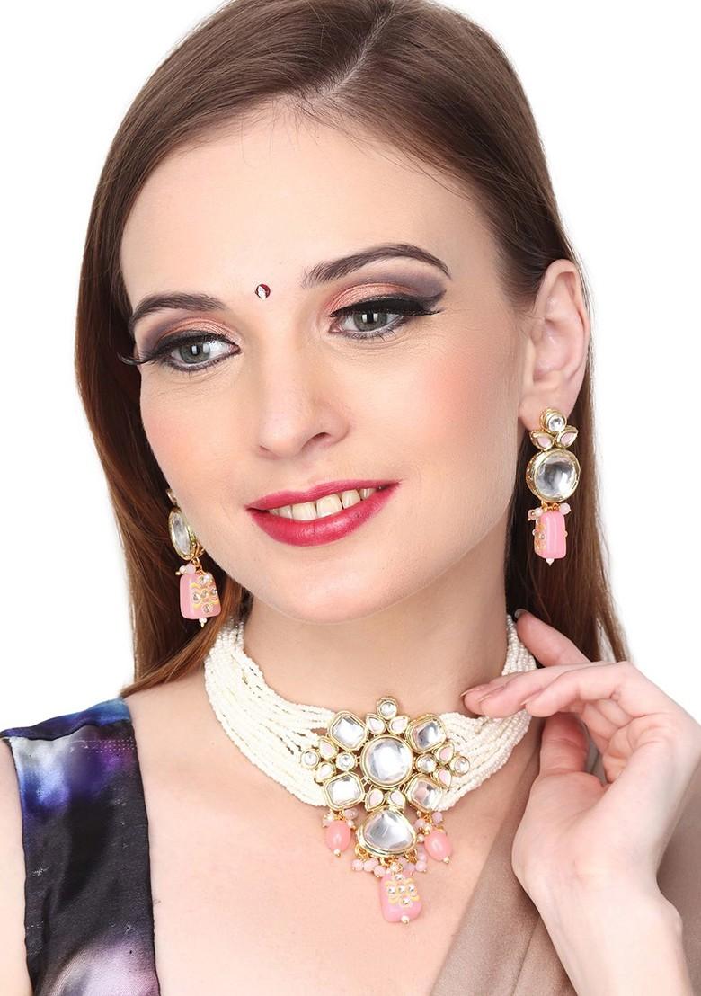 Gold Plated Stones Studded And Beaded Jewellery Set