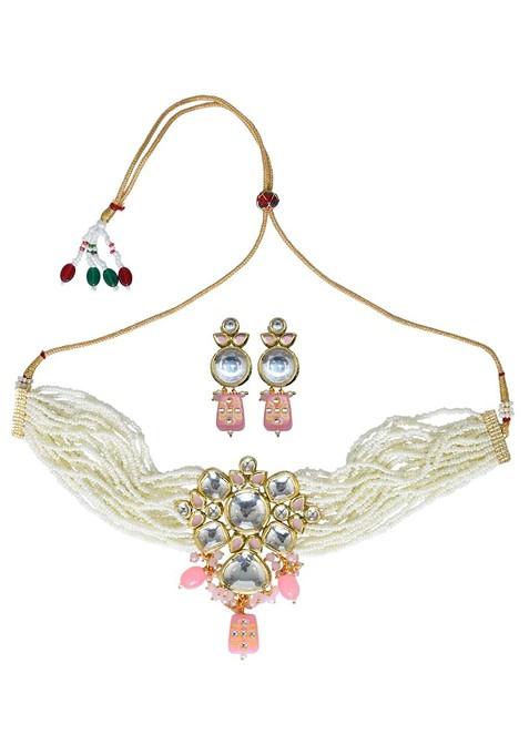Gold Plated Stones Studded And Beaded Jewellery Set