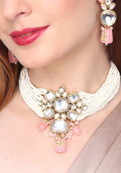 Gold Plated Stones Studded And Beaded Jewellery Set