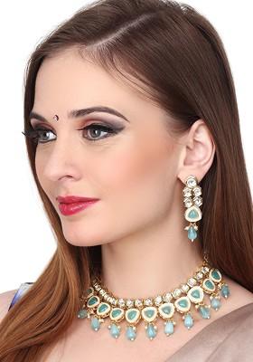 Gold Plated Kundan Studded And Beaded Jewellery Set - Indya