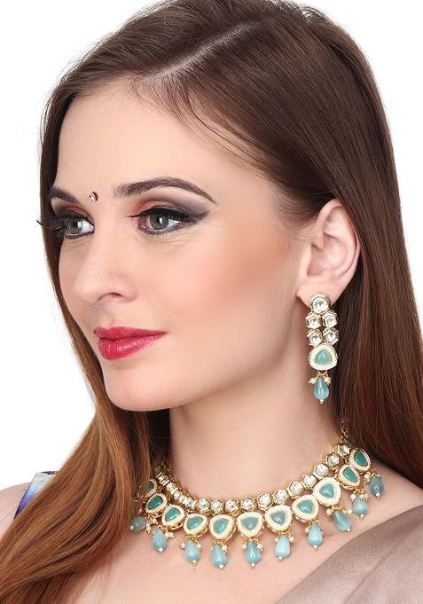 Gold Plated Kundan Studded And Beaded Jewellery Set