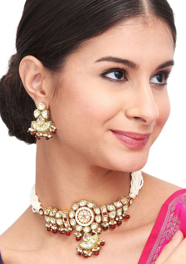 Gold Plated Kundun Studded And Beaded Choker Necklace And Earrings - Indya