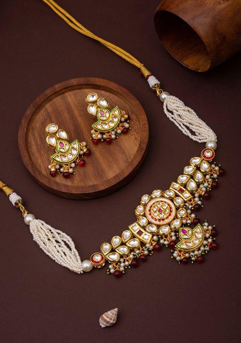 Gold Plated Kundun Studded And Beaded Choker Necklace And Earrings