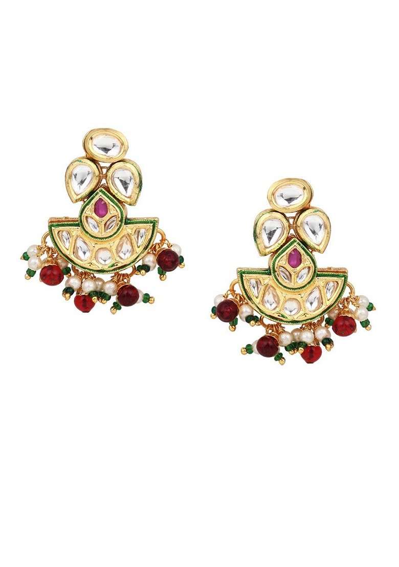 Gold Plated Kundun Studded And Beaded Choker Necklace And Earrings - Indya
