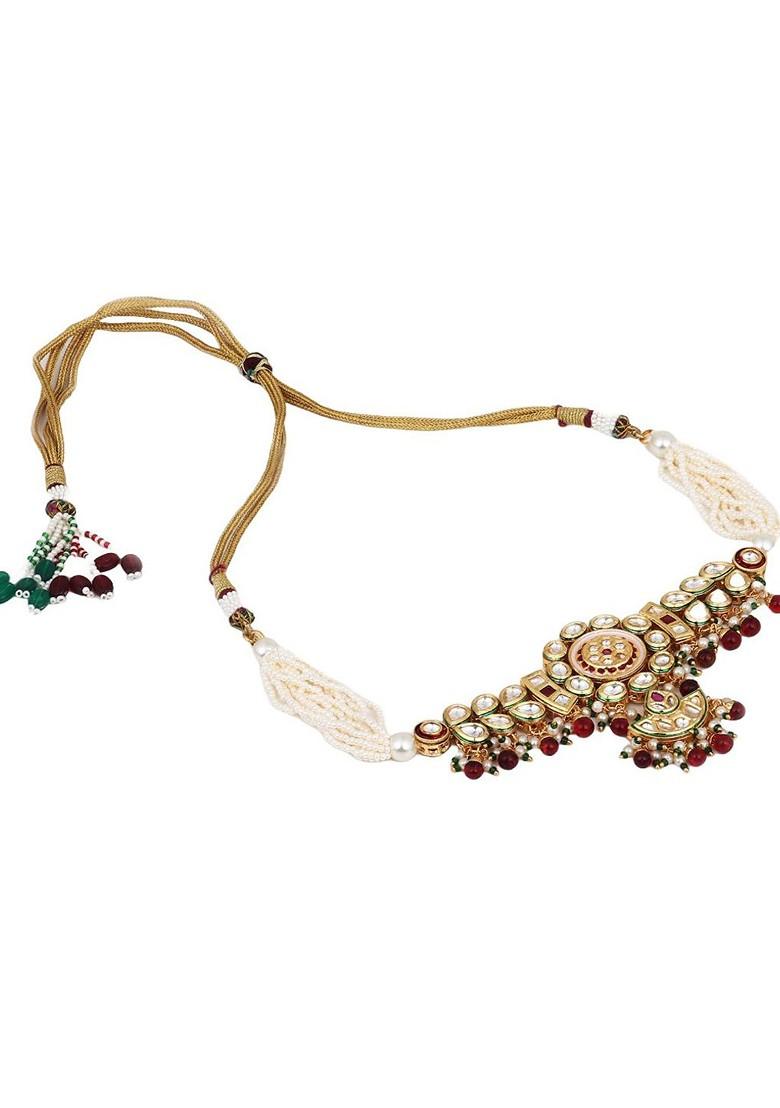 Gold Plated Kundun Studded And Beaded Choker Necklace And Earrings