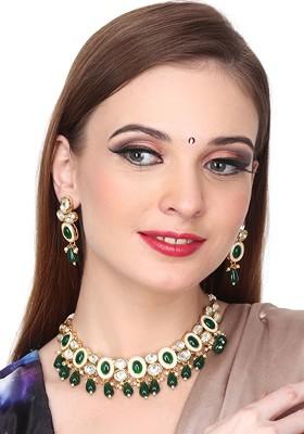 Gold Plated Kundan Studded And Beaded Jewellery Set - Indya