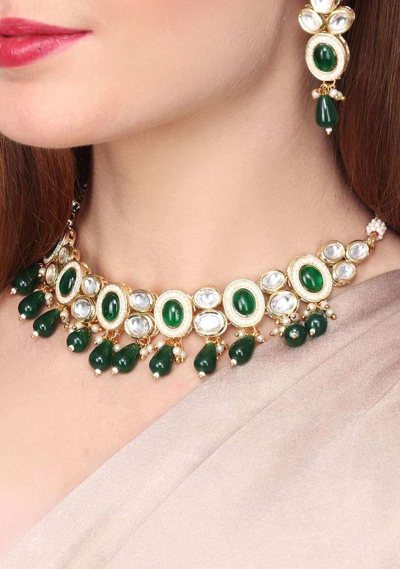 Gold Plated Kundan Studded And Beaded Jewellery Set - Indya