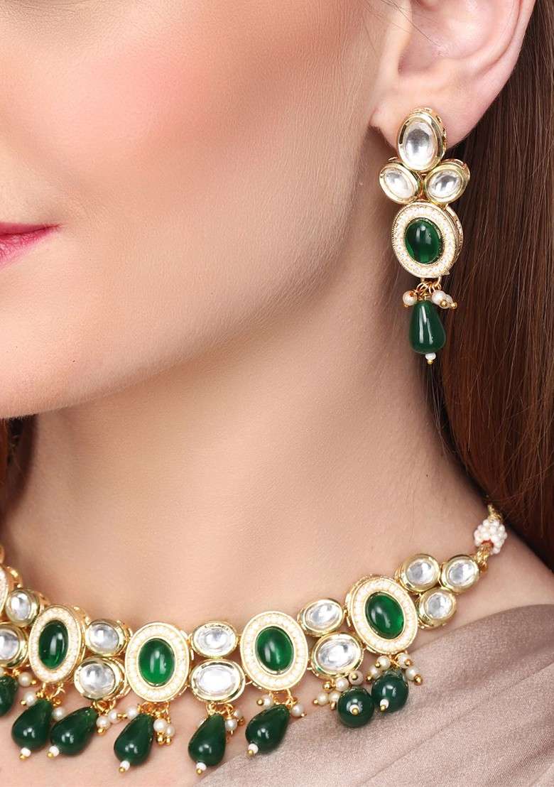 Gold Plated Kundan Studded And Beaded Jewellery Set - Indya