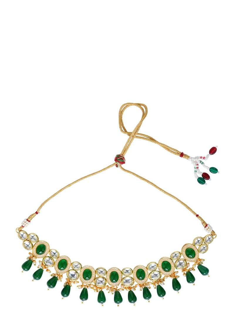 Gold Plated Kundan Studded And Beaded Jewellery Set - Indya