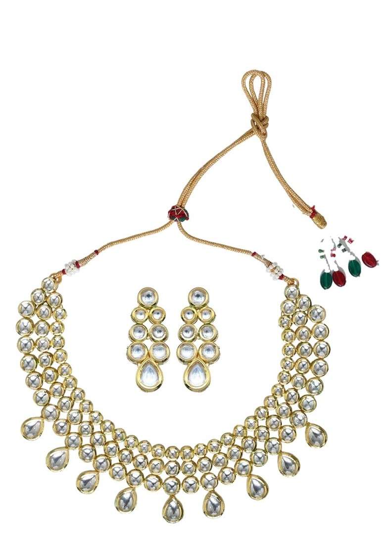 Gold Plated Kundan Stone Studded Jewellery Set - Indya