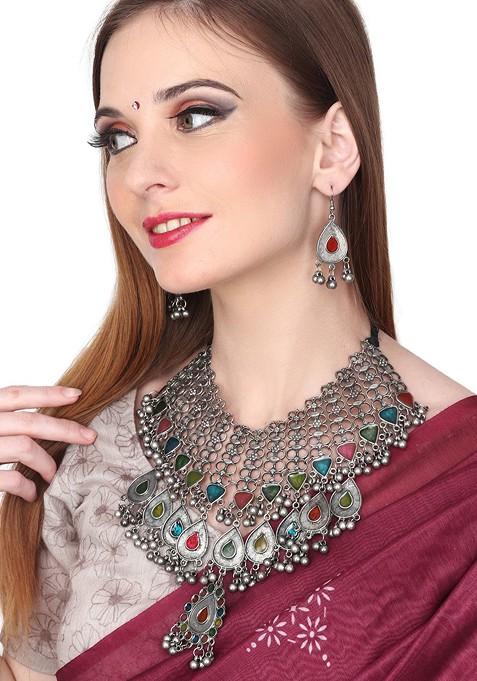 Silver Plated Stone And Beaded Oxidised Jewellery Set