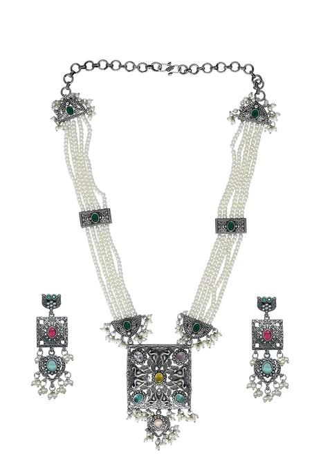 Silver Plated Stone Studded And Beaded Jewellery Set