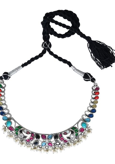Silver Plated Stones Studded And Beaded Jewellery Set