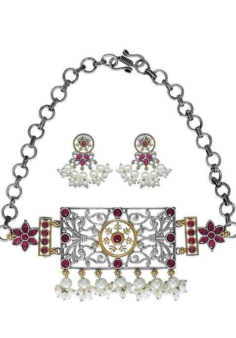 Silver Plated Stones Studded And Beaded Jewellery Set