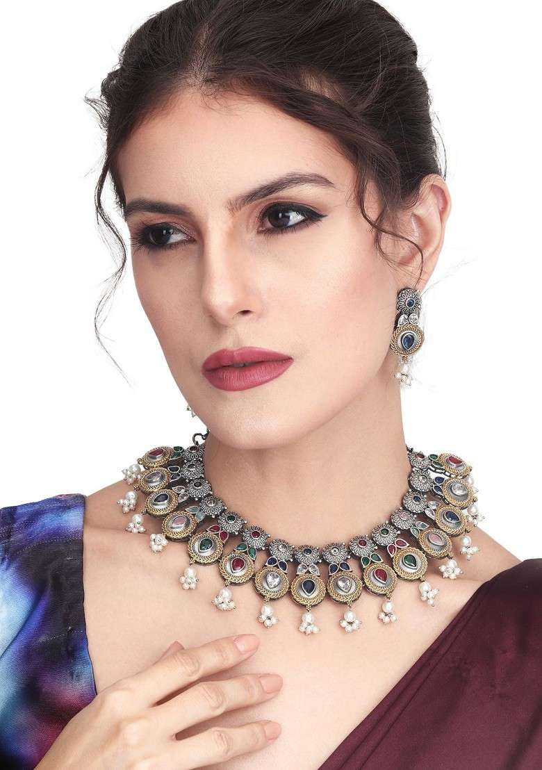 Gold Plated Ad And Camp Stone Studded Jewellery Set - Indya