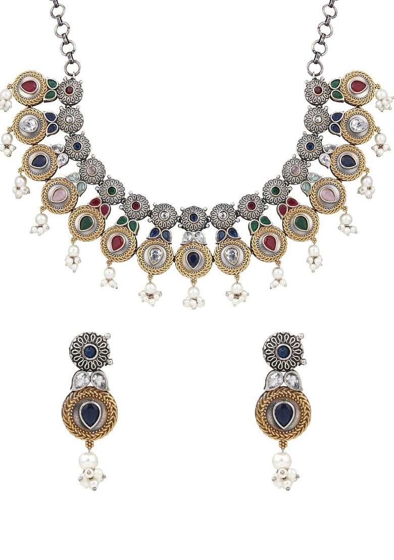 Gold Plated Ad And Camp Stone Studded Jewellery Set - Indya