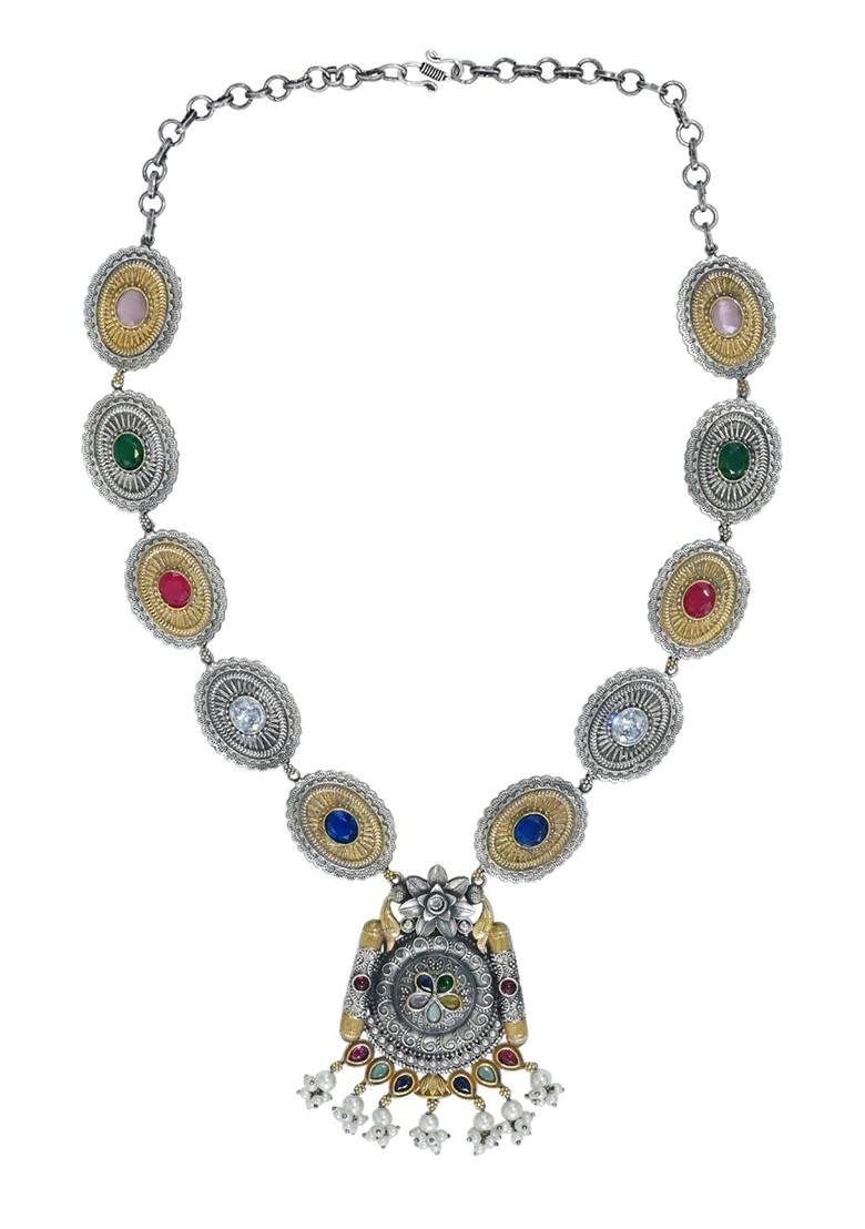 Gold And Silver Plated American Diamond Studded Jewellery Set