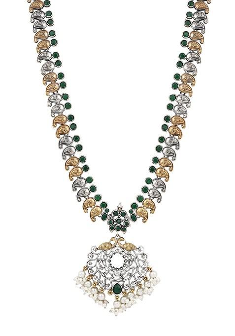 Gold Plated Ad And Quartzstone Studded And Beaded Jewellery Set