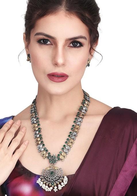 Gold Plated Ad And Quartzstone Studded And Beaded Jewellery Set