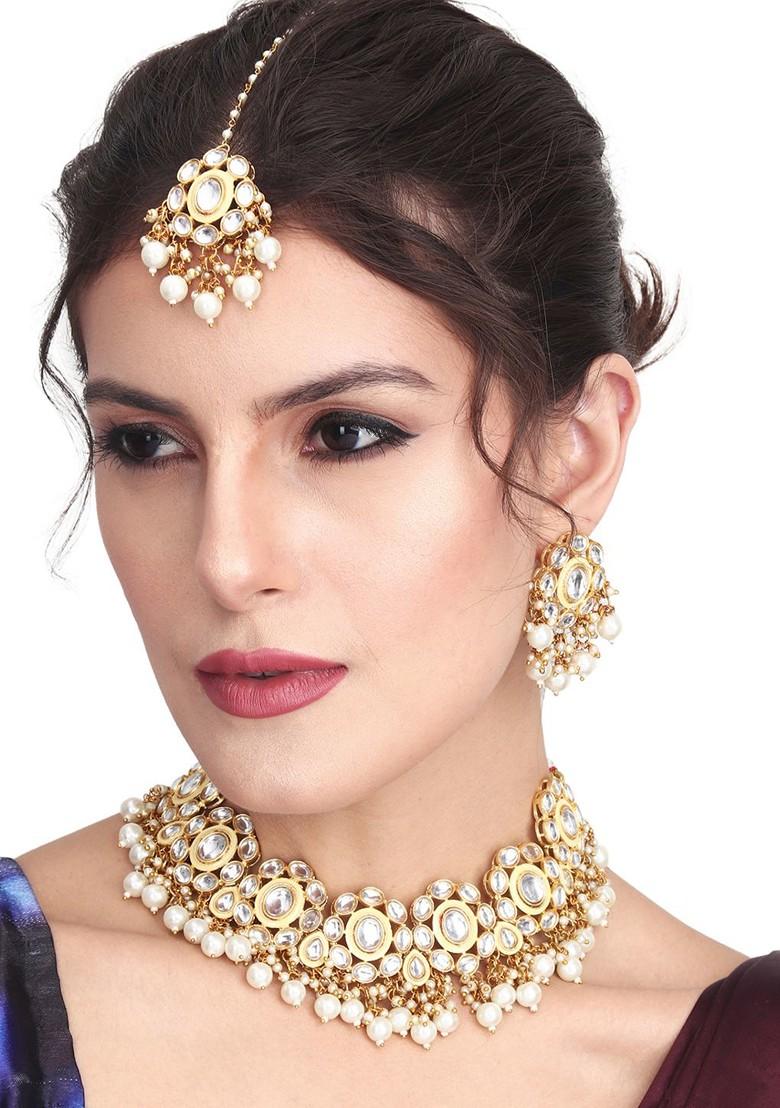 Gold Plated Kundan Studded And Beaded Meenakari Jewellery Set