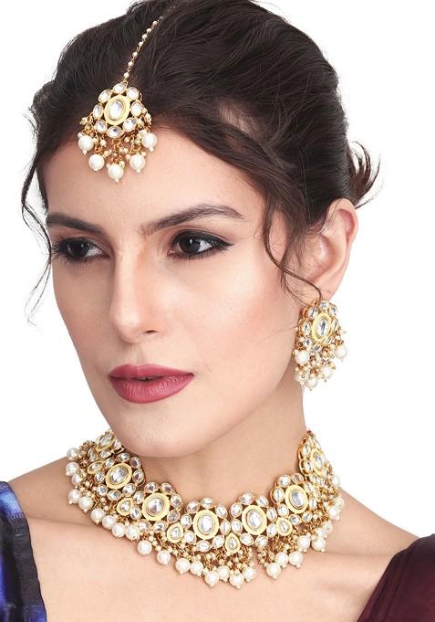 Gold Plated Kundan Studded And Beaded Meenakari Jewellery Set