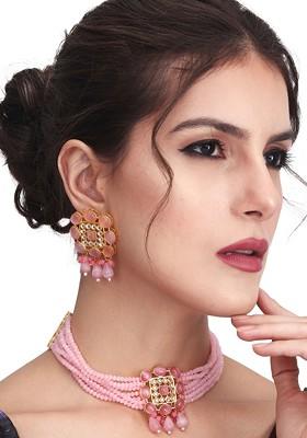 Gold Plated Kundan Studded And Beaded Jewellery Set - Indya